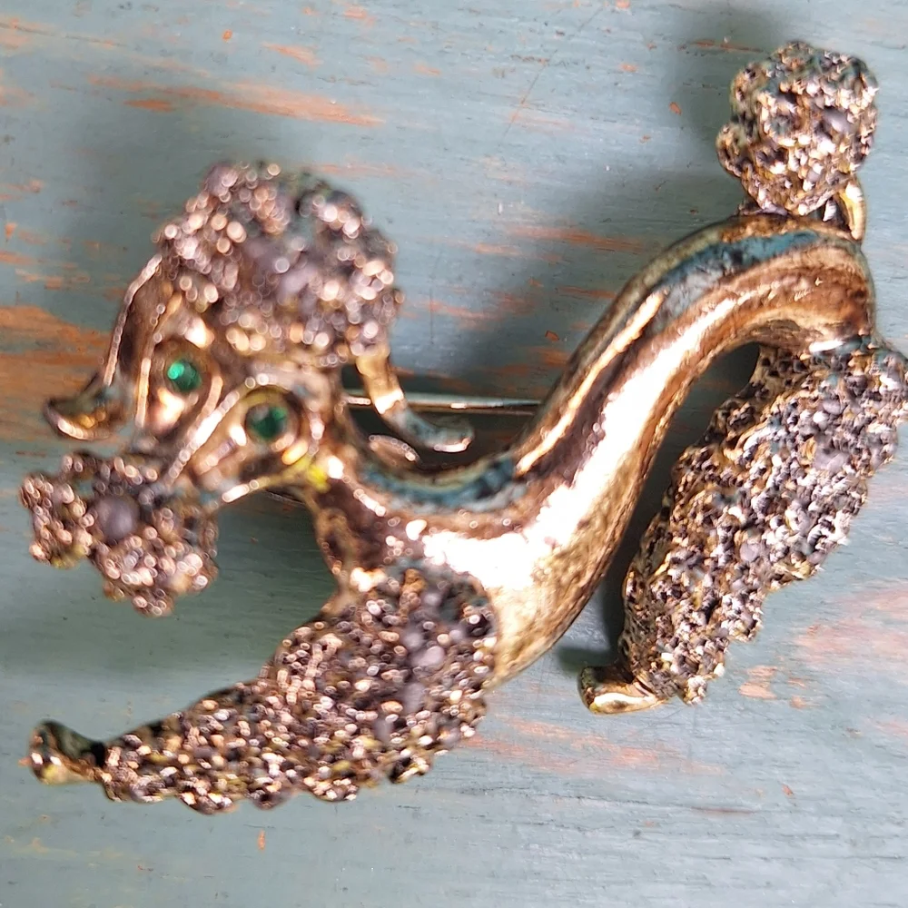 Vintage Dog Poodle Pin Green Gemstone Eyes Gold Metal Brooch Pooch Pins
